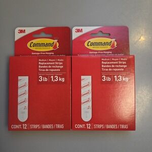 2 Packs of - 3M Command Medium Replacement Adhesive Strips (24 Strips Total) NEW